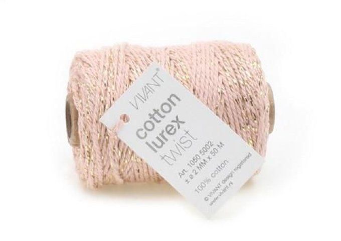 Ficelle en coton et lurex - couleur rose/or - Vivant - 2mm de diamètre et 50m de long 