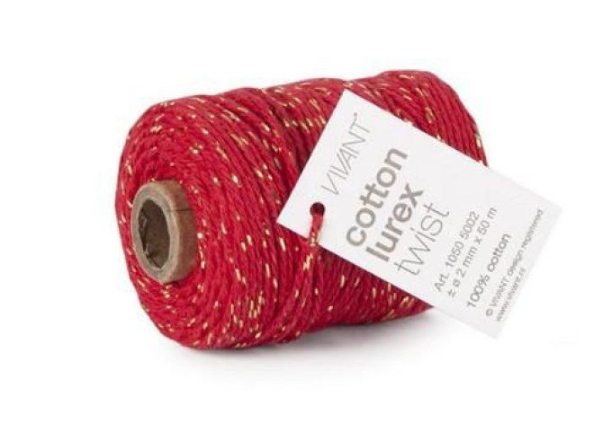 Ficelle en coton et lurex - couleur rouge et or - Vivant - 2mm de diamètre et 50m de long 