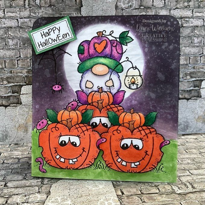 7 Tampons Pumpkin gnome, Woodware Craft Collection - dim. de la planche  : 10x14.5cm env.