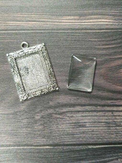 Support cabochon rectangle en métal argenté + cabochon transparent coordonné, à l'unité